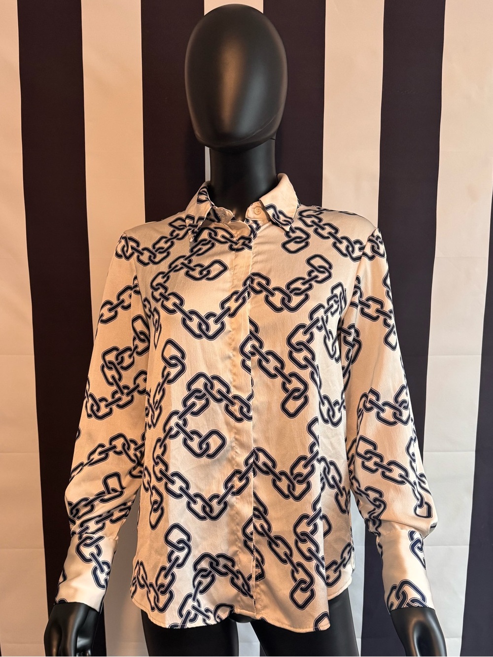 Mango Cream Button-Down Shirt with Navy Chain Print